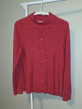 Cozy Red Mockneck Cable Sweater with Subtle Embellishment
